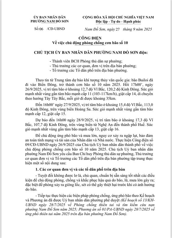 CÔNG ĐIỆN
Về việc chủ động phòng chống cơn bão số 10 tại phường Nam Đồ Sơn