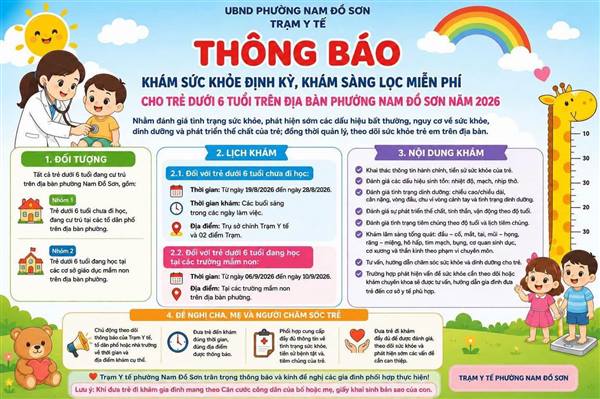 THÔNG BÁO KHÁM SỨC KHỎE, SÀNG LỌC MIỄN PHÍ CHO TRẺ DƯỚI 6 TUỔI