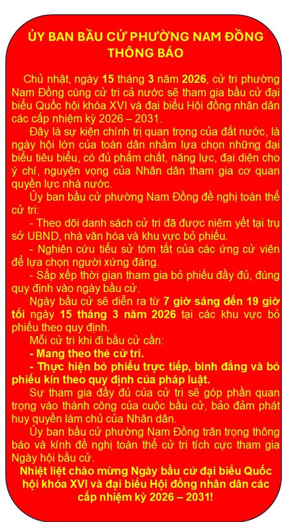 Thông báo đến cử tri phường Nam Đồng về Ngày bầu cử 15/3/2026