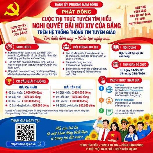 ĐẢNG ỦY PHƯỜNG NAM ĐỒNG PHÁT ĐỘNG CUỘC THI TRỰC TUYẾN TÌM HIỂU NGHỊ QUYẾT ĐẠI HỘI XIV CỦA ĐẢNG
