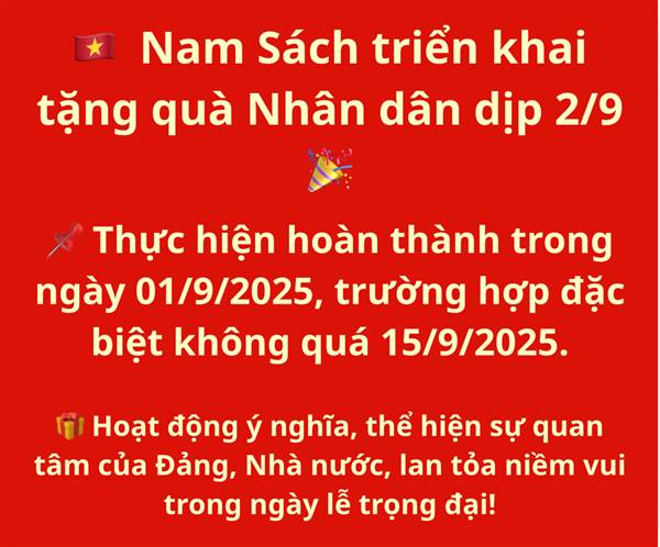 Xã Nam Sách triển khai tặng quà nhân dân dịp kỷ niệm 80 năm Cách mạng Tháng Tám và Quốc khánh 2/9