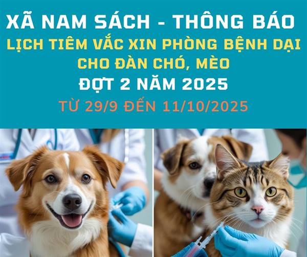 📢 TỪ 29/9 ĐẾN 11/10/2025, NAM SÁCH TRIỂN KHAI TIÊM PHÒNG BỆNH DẠI CHO ĐÀN CHÓ, MÈO