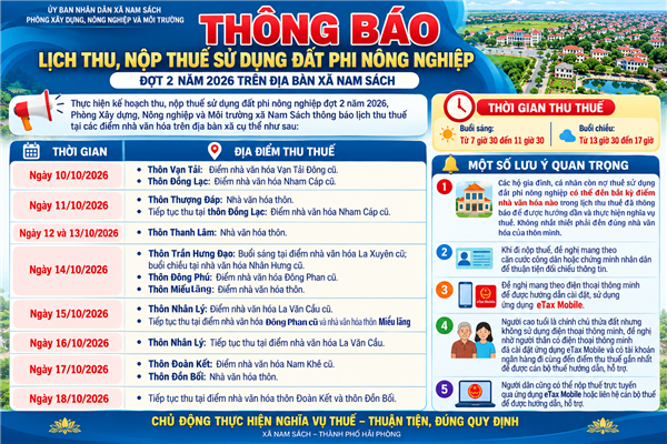 Thông báo về lịch thu, nộp thuế sử dụng đất phi nông nghiệp đợt 2 năm 2026 trên địa bàn xã 