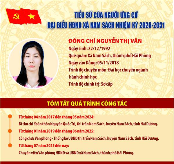 Xin trân trọng giới thiệu tiểu sử tóm tắt và quá trình công tác của bà Nguyễn Thị Vân - Chuyên viên Văn phòng HĐND và UBND xã Nam Sách, người ứng cử đại biểu HĐND xã Nam Sách nhiệm kỳ 2026–2031