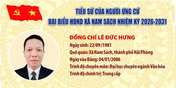 Xin trân trọng giới thiệu tiểu sử tóm tắt và quá trình công tác của ông Lê Đức Hưng - Phó Chủ tịch Thường trực Uỷ ban MTTQ Việt Nam xã Nam Sách, Chủ tịch Hội Nông dân xã Nam Sách, người ứng cử đại biểu HĐND xã Nam Sách nhiệm kỳ 2026–2031