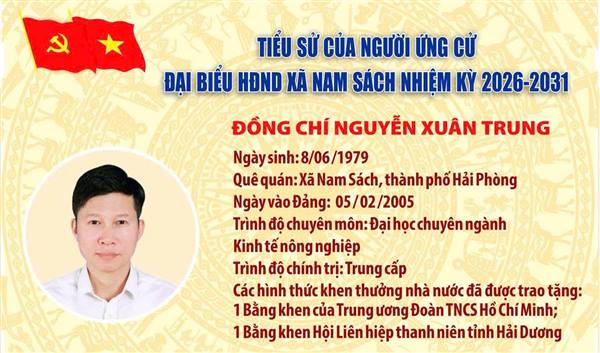 Xin trân trọng giới thiệu tiểu sử tóm tắt và quá trình công tác của ông Nguyễn Xuân Trung - Chánh văn phòng Hội đồng nhân dân và Ủy ban nhân dân xã , người ứng cử đại biểu HĐND xã Nam Sách nhiệm kỳ 2026–2031