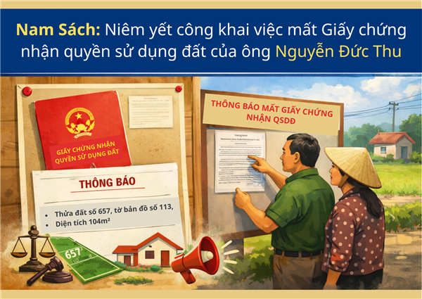 Nam Sách: Niêm yết công khai việc mất Giấy chứng nhận quyền sử dụng đất của ông Nguyễn Đức Thu