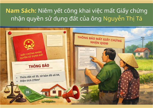 Nam Sách: Niêm yết công khai việc mất Giấy chứng nhận quyền sử dụng đất của bà Nguyễn Thị Tá