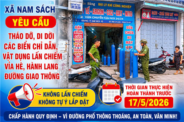 Xã Nam Sách yêu cầu tháo dỡ, di dời các biển chỉ dẫn lắp đặt trái phép trên vỉa hè, hành lang giao thông