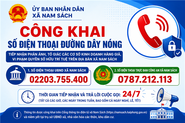 Xã Nam Sách công khai số điện thoại đường dây nóng tiếp nhận phản ánh, tố giác vi phạm sở hữu trí tuệ