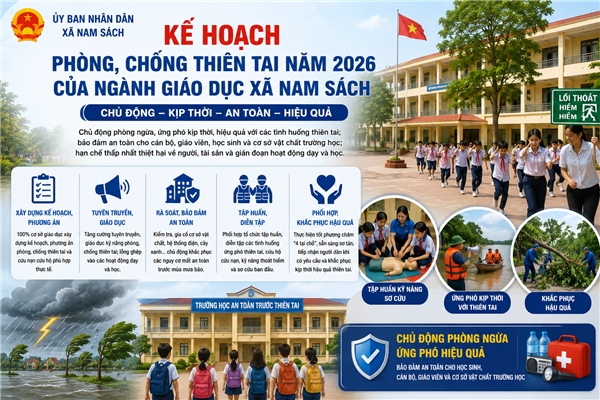 Xã Nam Sách triển khai kế hoạch phòng, chống thiên tai năm 2026 trong ngành Giáo dục