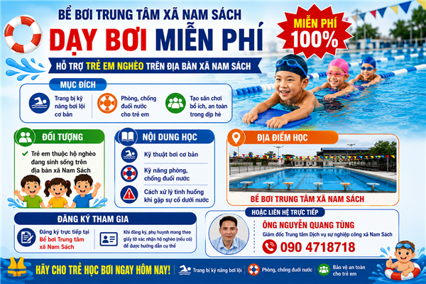 Trung tâm Dịch vụ sự nghiệp công xã Nam Sách tổ chức dạy bơi miễn phí cho trẻ em thuộc hộ nghèo