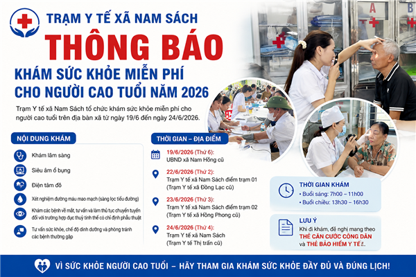 Từ ngày 19 đến ngày 24/6: Trạm Y tế xã Nam Sách tổ chức khám sức khỏe miễn phí cho người cao tuổi
