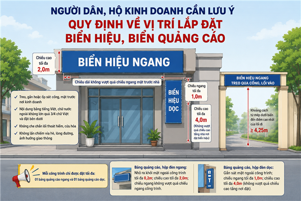 Người dân, hộ kinh doanh cần lưu ý quy định về vị trí lắp đặt biển hiệu, biển quảng cáo