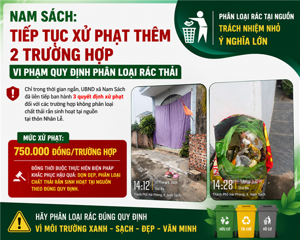 Nam Sách: Tiếp tục xử phạt thêm 2 trường hợp vi phạm quy định phân loại rác thải