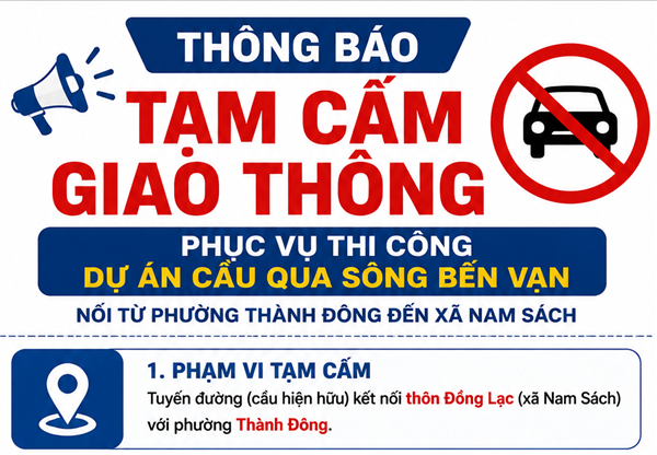 Từ 15/7, tạm cấm các phương tiện tham gia giao thông qua tuyến đường kết nối thôn Đồng Lạc với phường Thành Đông để thi công cầu qua sông Bến Vạn