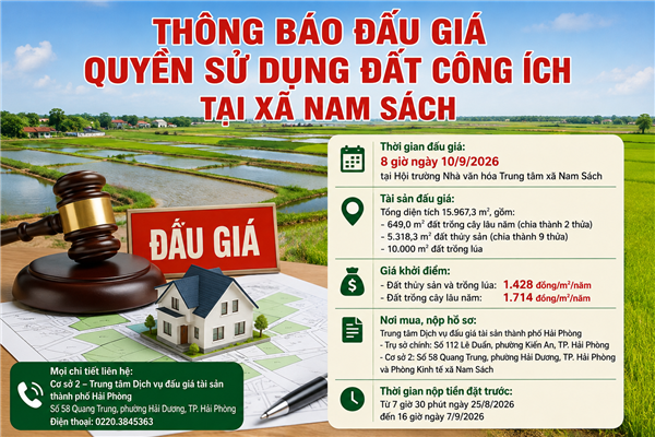 THÔNG BÁO ĐẤU GIÁ QUYỀN SỬ DỤNG ĐẤT CÔNG ÍCH TẠI XÃ NAM SÁCH
