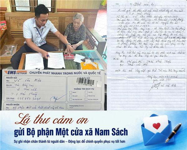 Lá thư viết tay gửi lời cảm ơn Bộ phận Một cửa xã Nam Sách