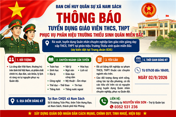 Nam Sách thông báo tuyển dụng giáo viên THCS, THPT phục vụ phân hiệu Trường Thiếu sinh quân miền Bắc