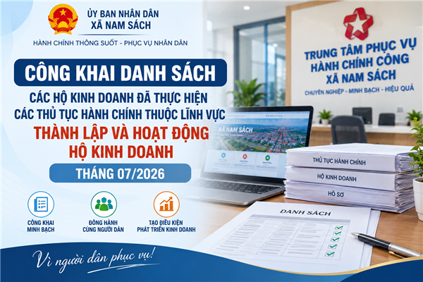 Danh sách các hộ kinh doanh đã thực hiện các thủ tục hành chính thuộc lĩnh vực thành lập và hoạt động hộ kinh doanh tháng 07/2026 