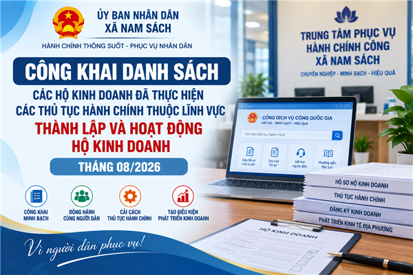 Danh sách các hộ kinh doanh đã thực hiện các thủ tục hành chính thuộc lĩnh vực thành lập và hoạt động hộ kinh doanh tháng 08/2026