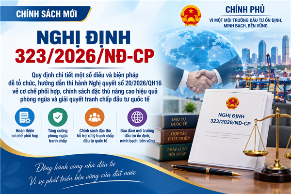 Nghị định 323/2026/NĐ-CP Quy định chi tiết một số điều và biện pháp để tổ chức, hướng dẫn thi hành Nghị quyết số 20/2026/QH16 về cơ chế phối hợp, chính sách đặc thù nâng cao hiệu quả phòng ngừa và giải quyết tranh chấp đầu tư quốc tế