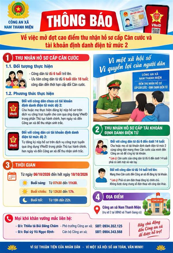 THÔNG BÁO VỀ VIỆC MỞ ĐỢT CAO ĐIỂM THU NHẬN HỒ SƠ CẤP CĂN CƯỚC VÀ TÀI KHOẢN ĐỊNH DANH ĐIỆN TỬ MỨC 2