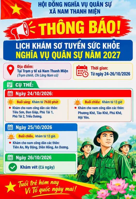 THÔNG BÁO LỊCH KHÁM SƠ TUYỂN SỨC KHỎE NGHĨA VỤ QUÂN SỰ NĂM 2027