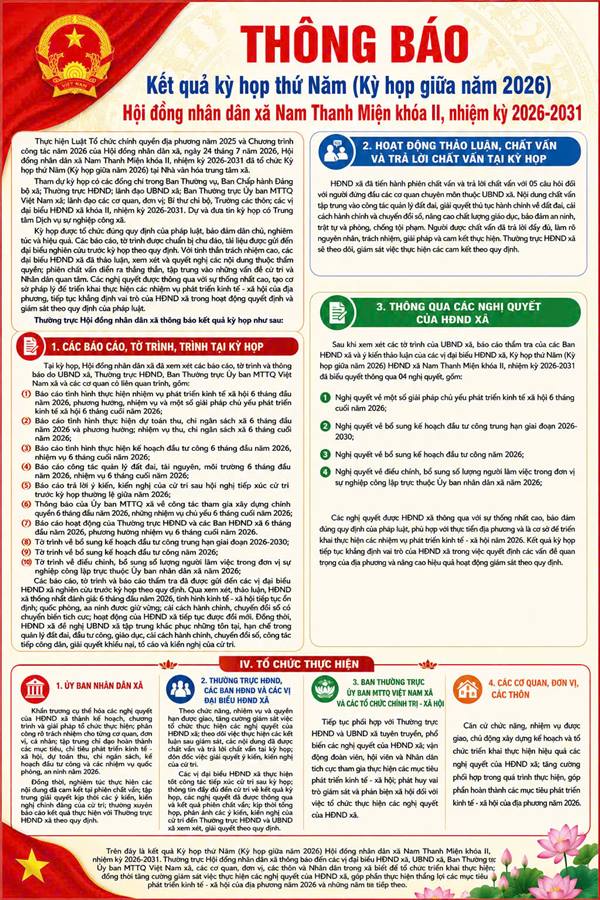 THÔNG BÁO KẾT QUẢ KỲ HỌP THỨ NĂM (KỲ HỌP GIỮA NĂM 2026) HỘI ĐỒNG NHÂN DÂN XÃ NAM THANH MIỆN