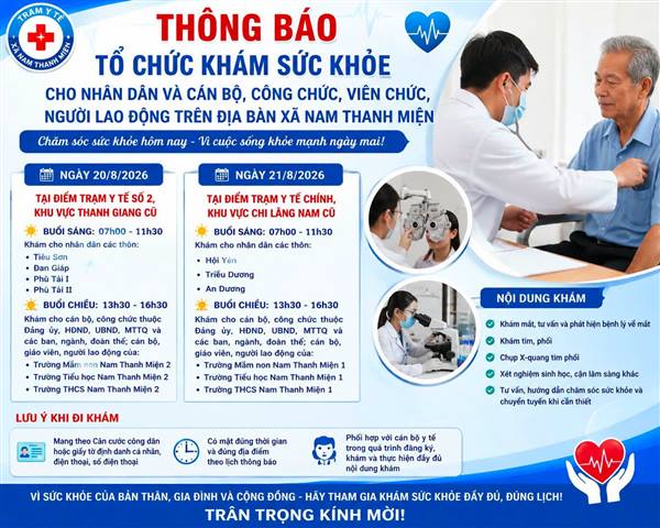 KHÁM SỨC KHOẺ MIỄN PHÍ CHO NHÂN DÂN, VÀ CÁN BỘ, CÔNG CHỨC, VIÊN CHỨC, NGƯỜI LAO ĐỘNG TRÊN ĐỊA BÀN XÃ TRONG 2 NGÀY 20-21/8/2026