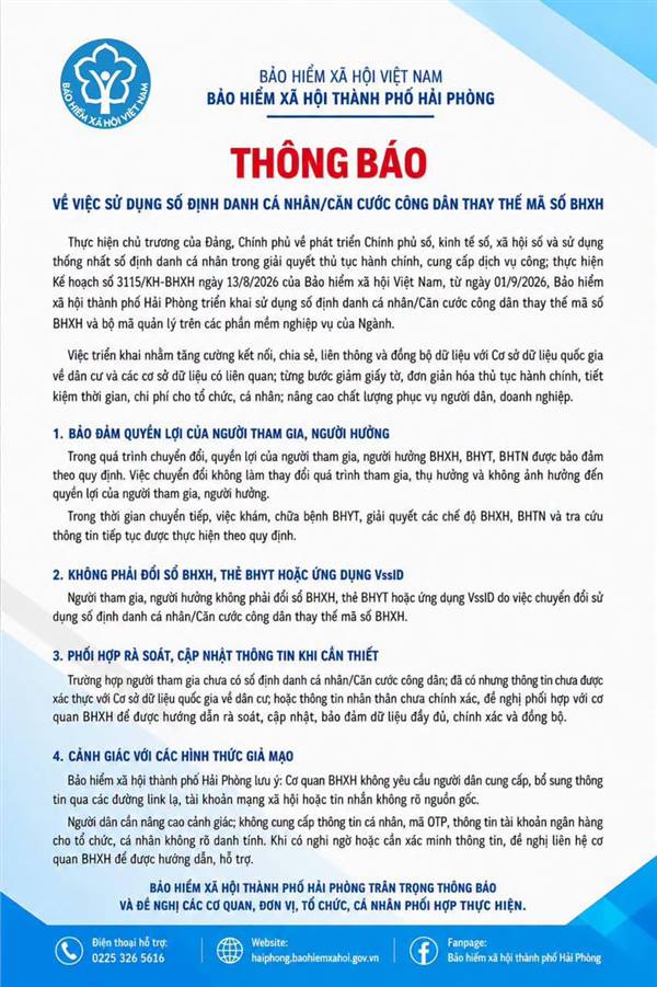 BẢO HIỂM XÃ HỘI THÀNH PHỐ HẢI PHÒNG TRIỂN KHAI SỬ DỤNG SỐ ĐỊNH DANH CÁ NHÂN/CĂN CƯỚC CÔNG DÂN THAY THẾ MÃ SỐ BHXH