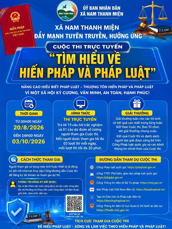 XÃ NAM THANH MIỆN ĐẨY MẠNH TUYÊN TRUYỀN, HƯỞNG ỨNG CUỘC THI TRỰC TUYẾN “TÌM HIỂU VỀ HIẾN PHÁP VÀ PHÁP LUẬT”