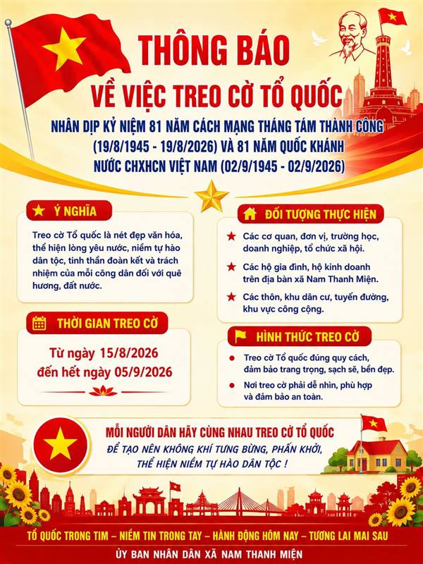 Thông báo về việc treo Cờ Tổ quốc nhân dịp kỷ niệm 81 năm Ngày Cách mạng Tháng
Tám thành công (19/8/1945 - 19/8/2026) và Quốc khánh nước Cộng hòa xã
hội chủ nghĩa Việt Nam (02/9/1945 - 02/9/2026)
