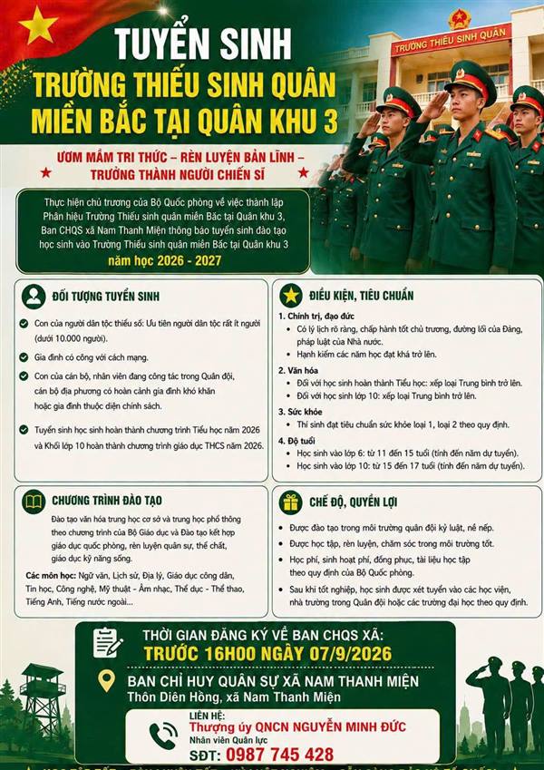 THÔNG BÁO TUYỂN SINH ĐÀO TẠO THIẾU SINH QUÂN NĂM HỌC 2026 – 2027