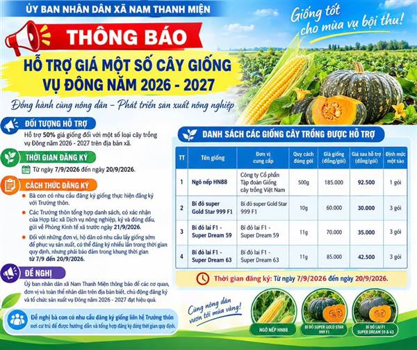 THÔNG BÁO HỖ TRỢ GIÁ MỘT SỐ CÂY GIỐNG VỤ ĐÔNG NĂM 2026–2027