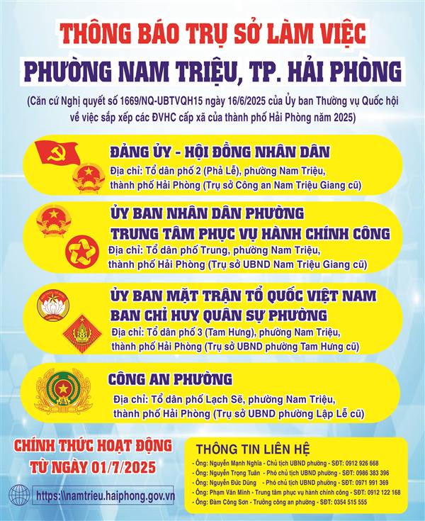 Phường Nam Triệu thông báo trụ sở làm việc từ 01/7/2025