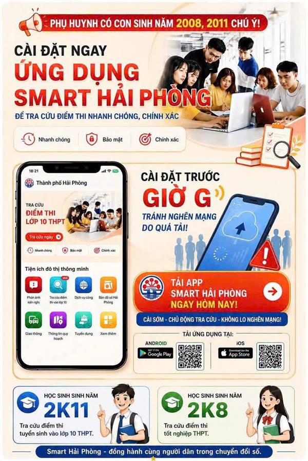 Điểm thi tuyển sinh vào lớp 10 của Hải Phòng sẽ được công bố trước 12:00, ngày hôm nay 16/6/2026. 
Các bậc phụ huynh có con sinh năm 2008 và 2011 hãy cài đặt ứng dụng để xem điểm thi cho các con nhé !!!