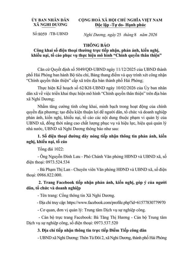Công khai số điện thoại thường trực tiếp nhận, phản ánh, kiến nghị, khiếu nại, tố cáo phục vụ thực hiện mô hình “Chính quyền thân thiện”