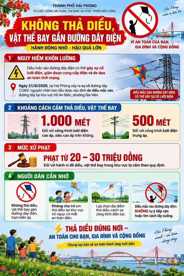 KHÔNG THẢ DIỀU, VẬT THỂ BAY GẦN ĐƯỜNG DÂY ĐIỆN