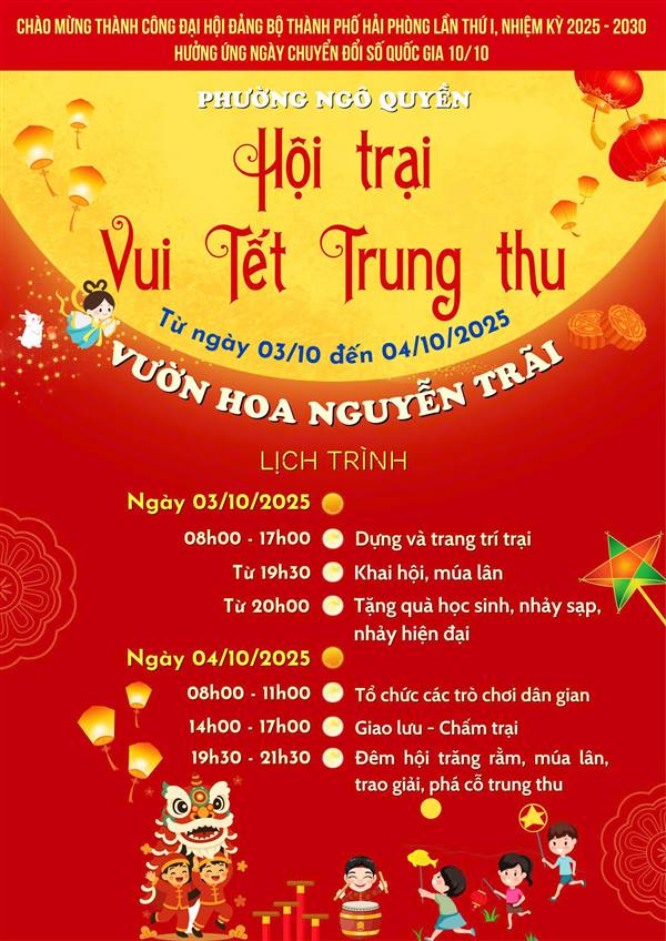 Phường Ngô Quyền tổ chức Hội trại "Vui tết Trung thu" chào mừng thành công Đại hội Đảng bộ thành phố Hải Phòng lần thứ I, nhiệm kỳ 2025 - 2030, Hưởng ứng Ngày chuyển đổi số  Quốc gia 10/10