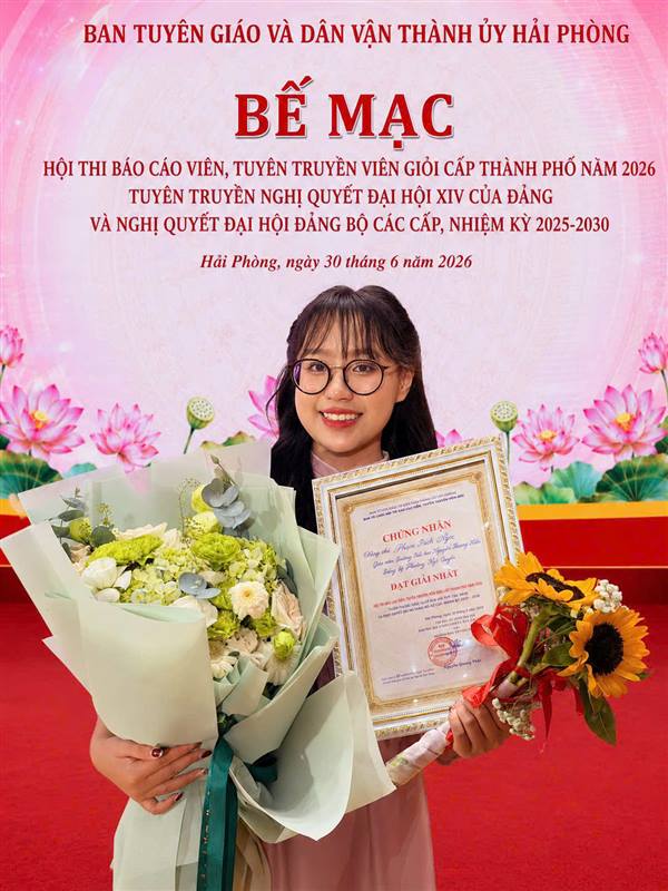 ĐỒNG CHÍ PHẠM BÍCH NGỌC – ĐẢNG VIÊN CHI BỘ TRƯỜNG TIỂU HỌC NGUYỄN THƯỢNG HIỀN, THUỘC ĐẢNG BỘ PHƯỜNG NGÔ QUYỀN XUẤT SẮC ĐẠT GIẢI NHẤT VÒNG CHUNG KẾT HỘI THI BÁO CÁO VIÊN, TUYÊN TRUYỀN VIÊN GIỎI CẤP THÀNH PHỐ NĂM 2026