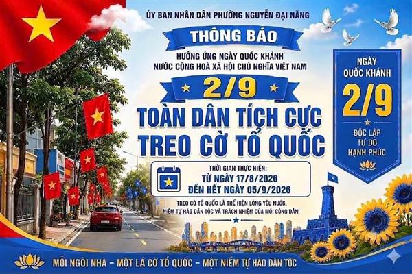 PHƯỜNG NGUYỄN ĐẠI NĂNG THÔNG BÁO TREO CỜ TỔ QUỐC NHÂN DỊP KỶ NIỆM 81 NĂM CÁCH MẠNG THÁNG TÁM VÀ QUỐC KHÁNH 2/9