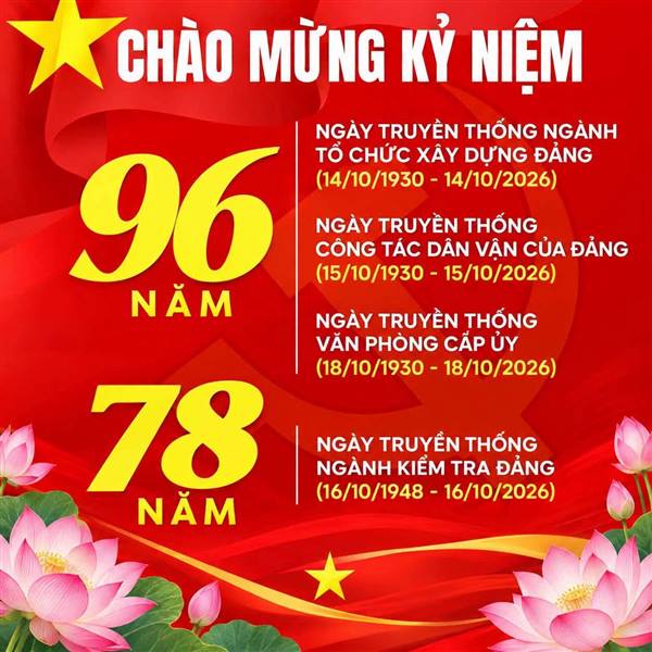 CHÀO MỪNG KỶ NIỆM 96 NĂM NGÀY TRUYỀN THỐNG NGÀNH TỔ CHỨC XÂY DỰNG ĐẢNG, CÔNG TÁC DÂN VẬN CỦA ĐẢNG, VĂN PHÒNG CẤP ỦY VÀ 78 NĂM NGÀY TRUYỀN THỐNG NGÀNH KIỂM TRA ĐẢNG