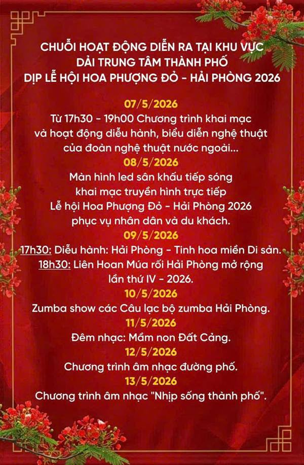 Hải phòng tổ chức chuỗi các hoạt động tại khu vực vườn hoa trung tâm và nhà hát thành phố dịp Lề hội Hoa phượng đỏ năm 2026