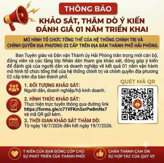 KHẢO SÁT, THĂM DÒ Ý KIẾN NHÂN DÂN VÀ DOANH NGHIỆP VỀ MÔ HÌNH TỔ CHỨC TỔNG THỂ HỆ THỐNG CHÍNH TRỊ VÀ CHÍNH QUYỀN ĐỊA PHƯƠNG 02 CẤP TRÊN ĐỊA BÀN THÀNH PHỐ HẢI PHÒNG