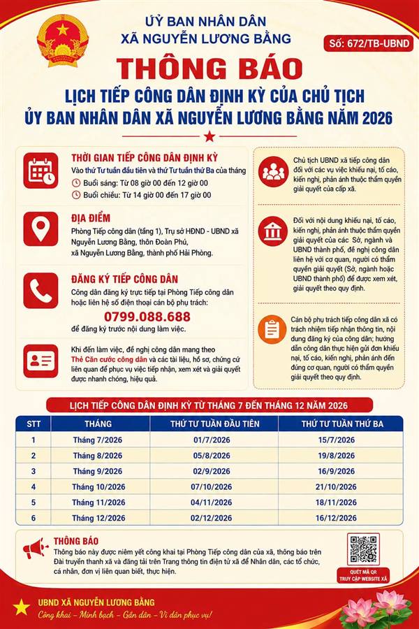 THÔNG BÁO LỊCH TIẾP CÔNG DÂN ĐỊNH KỲ CỦA CHỦ TỊCH UBND XÃ NGUYỄN LƯƠNG BẰNG NĂM 2026