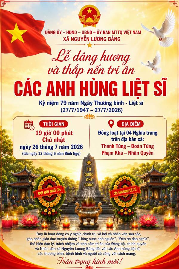XÃ NGUYỄN LƯƠNG BẰNG TỔ CHỨC LỄ DÂNG HƯƠNG, THẮP NẾN TRI ÂN CÁC ANH HÙNG LIỆT SĨ NHÂN DỊP KỶ NIỆM 79 NĂM NGÀY THƯƠNG BINH- LIỆT SĨ 27/7