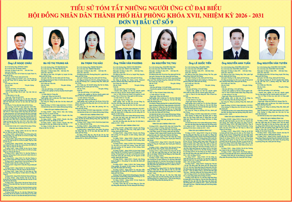 TIỂU SỬ TÓM TẮT NHỮNG NGƯỜI ỨNG CỬ ĐẠI BIỂU TIỂU SỬ TÓM TẮT NHỮNG NGƯỜI ỨNG CỬ ĐẠI BIỂU HỘI ĐỒNG NHÂN DÂN THÀNH PHỐ HẢI PHÒNG KHÓA XVII, NHIỆM KỲ 2026 - 2031 HỘI ĐỒNG NHÂN DÂN THÀNH PHỐ HẢI PHÒNG KHÓA XVII, NHIỆM KỲ 2026 - 2031 ĐƠN VỊ BẦU CỬ SỐ 9