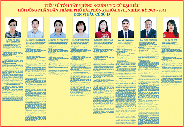 TIỂU SỬ TÓM TẮT NHỮNG NGƯỜI ỨNG CỬ ĐẠI BIỂU TIỂU SỬ TÓM TẮT NHỮNG NGƯỜI ỨNG CỬ ĐẠI BIỂU HỘI ĐỒNG NHÂN DÂN THÀNH PHỐ HẢI PHÒNG KHÓA XVII, NHIỆM KỲ 2026 - 2031 HỘI ĐỒNG NHÂN DÂN THÀNH PHỐ HẢI PHÒNG KHÓA XVII, NHIỆM KỲ 2026 - 2031 ĐƠN VỊ BẦU CỬ SỐ 15