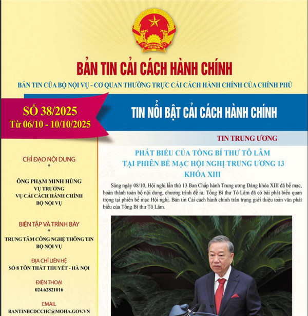 Bản tin điện tử cải cách hành chính số 38/2025, từ ngày 06/10/2025 đến ngày 10/10/2025.